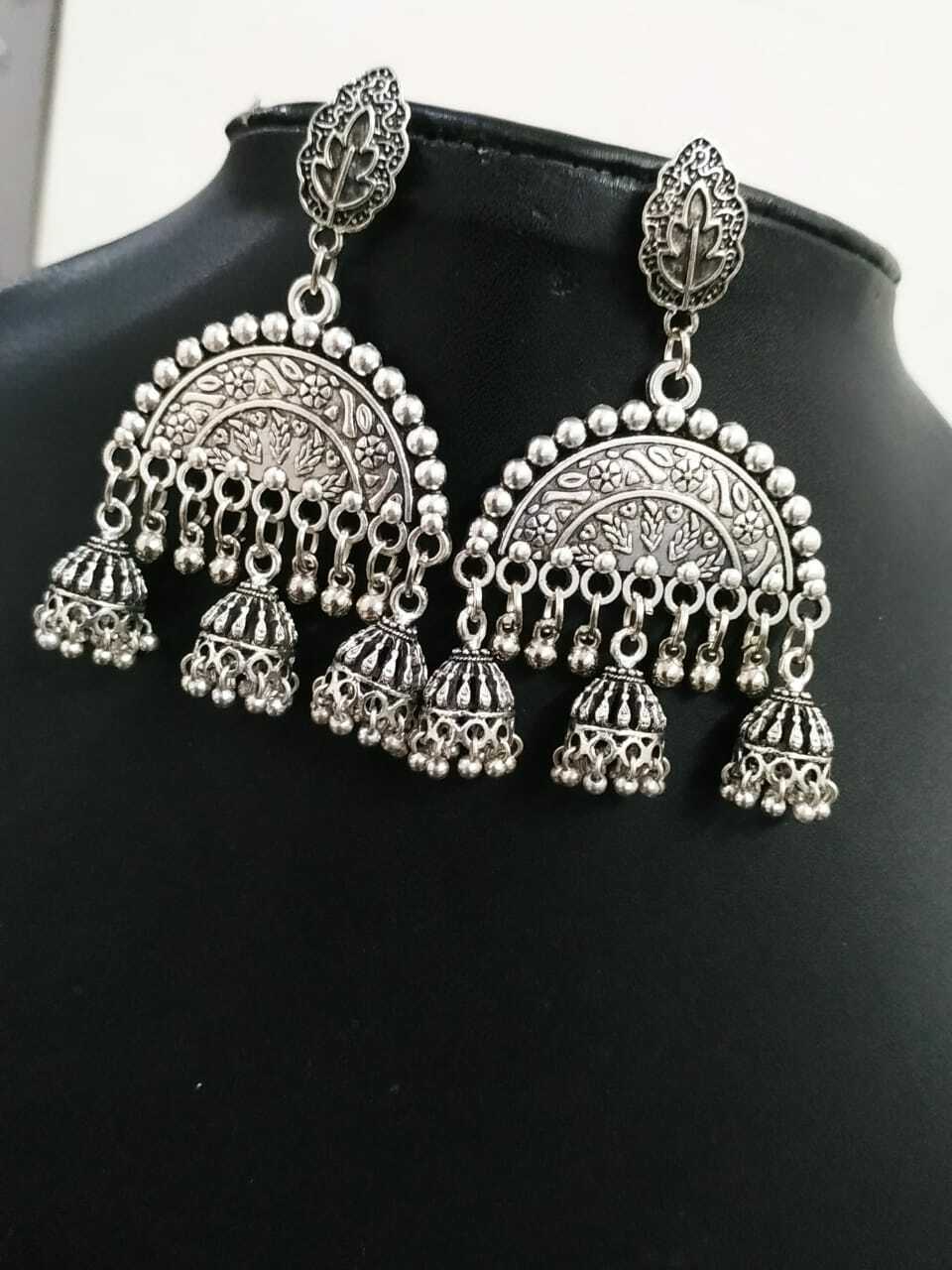 India Traditional Silver Oxidized Bollywood Fashion Jewelry Drop Earrings Jhumka