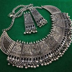 Silver Oxidized Plated Chowker Necklace Set Indian Ethnic Tribal Jewelry - Black