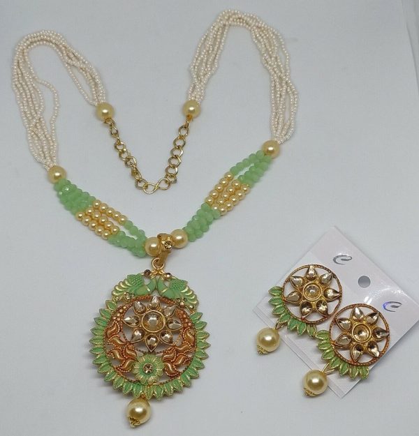 Green Indian Long Necklace Set Gold Plated Bollywood Bridal Pearl Mala Set