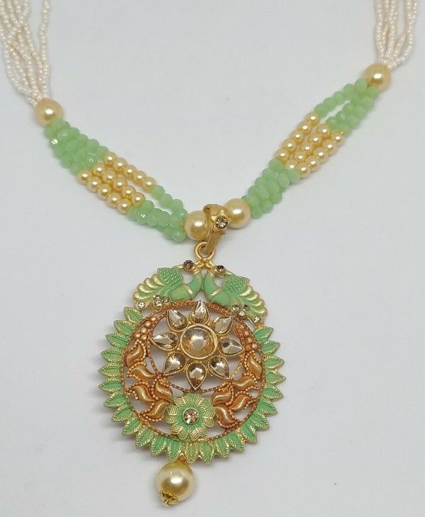 Green Indian Long Necklace Set Gold Plated Bollywood Bridal Pearl Mala Set