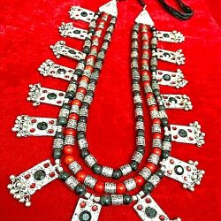 Bollywood Antique Long Heavy Silver Oxidized Plated 3 Line Black Stone Necklace