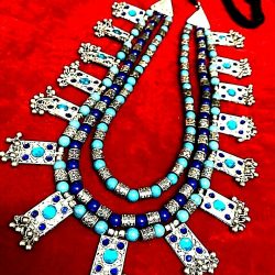Bollywood Antique Long Heavy Silver Oxidized 3 Line Blue choker Necklace