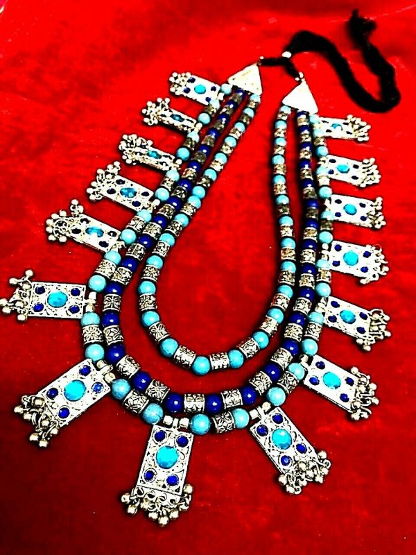 Bollywood Antique Long Heavy Silver Oxidized 3 Line Blue choker Necklace