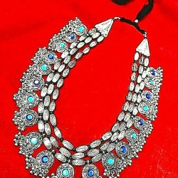 Women Necklace Bollywood Antique Vintage Silver Oxidized Style Lace 3 Line Stone