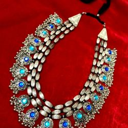 Women Necklace Bollywood Antique Vintage Silver Oxidized Style Lace 3 Line Stone