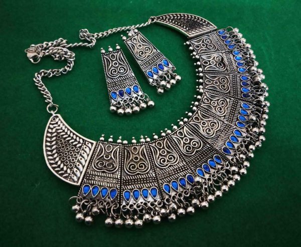 Kanthi Silver Oxidized Chowker Necklace Set Indian Ethnic Tribal Jewelry - Blue