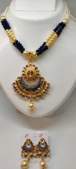 Indian Long Blue Necklace Set Gold Plated Bridal Pearl Mala Set Multi - D20