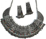 Zirconia Indian Ethnic Oxidized Silver Plated Choker Necklace set Afghani Jew...