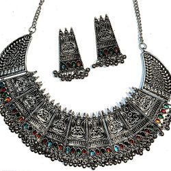 Zirconia Indian Ethnic Oxidized Silver Plated Choker Necklace set Afghani Jew...