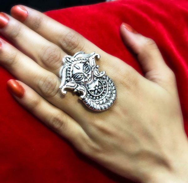 Indian Bollywood Oxidized Silver Plated Maa Durga Adjustable Ring Jewelry women
