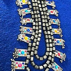 Multi Color Bollywood Antique Traditional Silver Oxidized Plated 3 Line Necklace