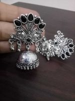 Bollywood Silver Plated Black Stone Oxidized Jhumki Earrings Dancing Peacock