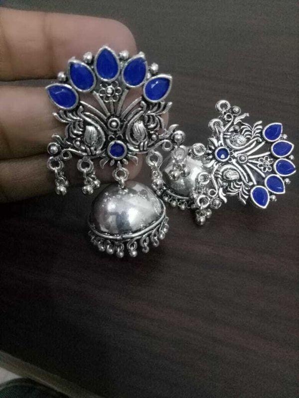Silver Plated Blue Stone Dancing Peacock Oxidised Jhumki Earrings Wedding Gift