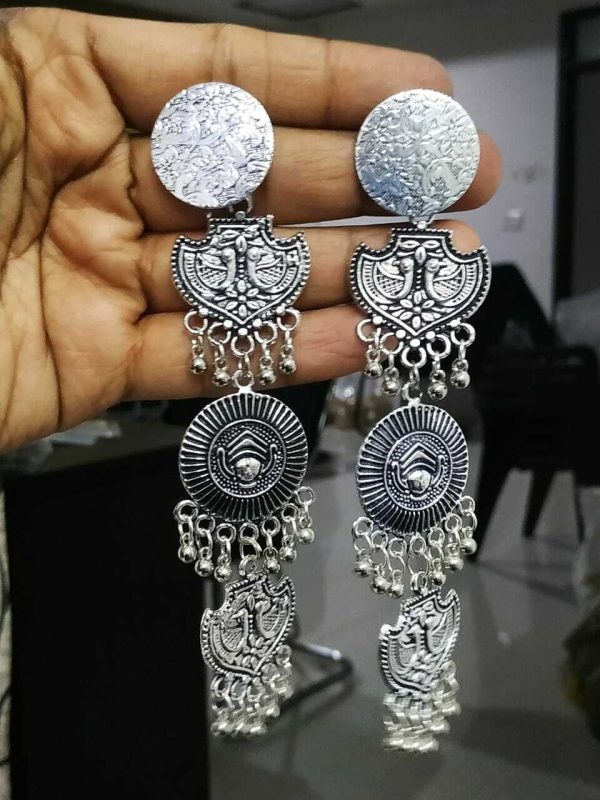 Long Traditional Bollywood Silver Plated Maa Durga Oxidized Jhumki Earrings
