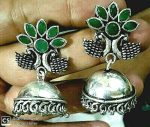 Indian Peacock Silver Oxidized Jhumka Sparkling Green Stone Women Earrings