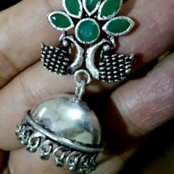 Indian Peacock Silver Oxidized Jhumka Sparkling Green Stone Women Earrings