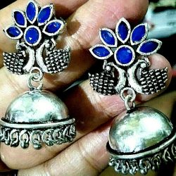 Indian Jaipur Silver Oxidized Jhumka Jhumki Royal Blue Stone Women earrings