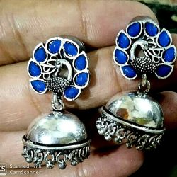 SILVER OXIDIZED INDIAN KOLHAPURI STONE BLUE Stone CHANDELIER BRIDAL EARRINGS