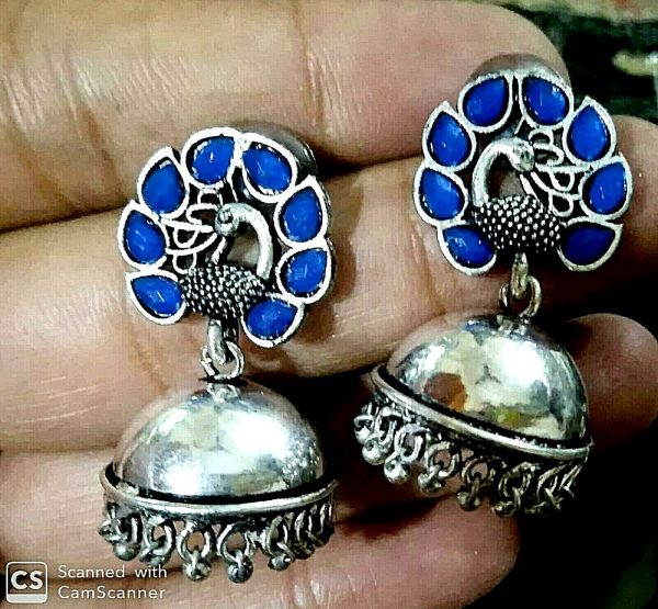 SILVER OXIDIZED INDIAN KOLHAPURI STONE BLUE Stone CHANDELIER BRIDAL EARRINGS