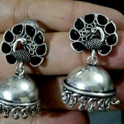 Oxidized Silver Plated Handmade Stone Stud Jhumka Jhumki Earrings for women