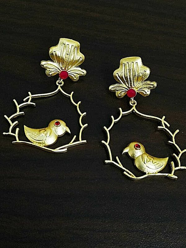 Traditional Bollywood Gold Plated Bird Oxidized Jhumki Red Stone Earrings