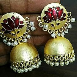 Traditional Bollywood Golden Plated Oxidized Jhumka Red Lotus Panted Earrings