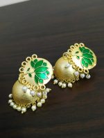 Traditional Bollywood Gold Plated Green Lotus Jhumki Earrings Drop / Dongle
