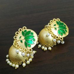 Traditional Bollywood Gold Plated Green Lotus Jhumki Earrings Drop / Dongle