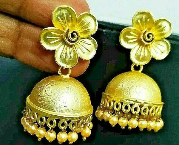 Gift Traditional Gold Plated Pearl Flower Oxidized Jhumki Earrings Drop / Dongle