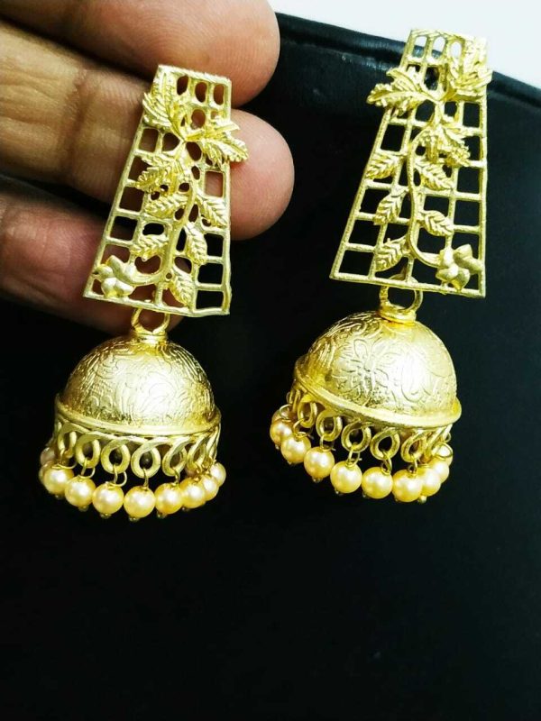 Traditional Bollywood Golden Leaf Pearl Oxidized Jhumki Earrings Drop / Dongle