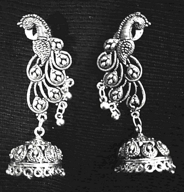 Bollywood Traditional Long Indian Peacock German Silver Plated Oxidized Earrings