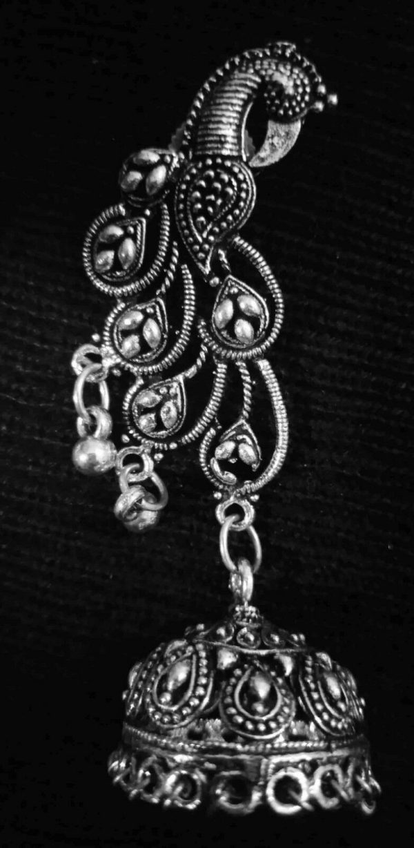 Bollywood Traditional Long Indian Peacock German Silver Plated Oxidized Earrings