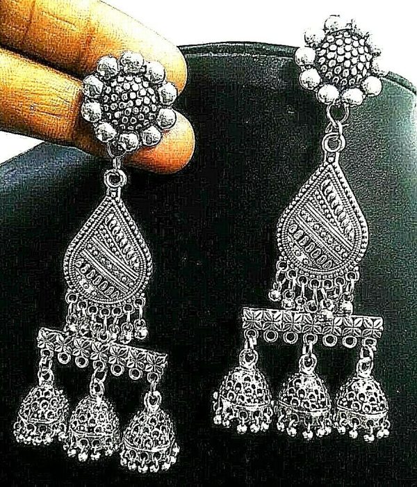 Indian Traditional Triple Layer Silver Oxidized Kashmiri Jhumka Jhumki Earrings