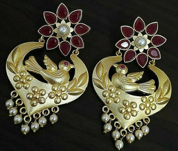 Pearl Bird Traditional Bollywood Gold Plated Oxidized Jhumki Earrings