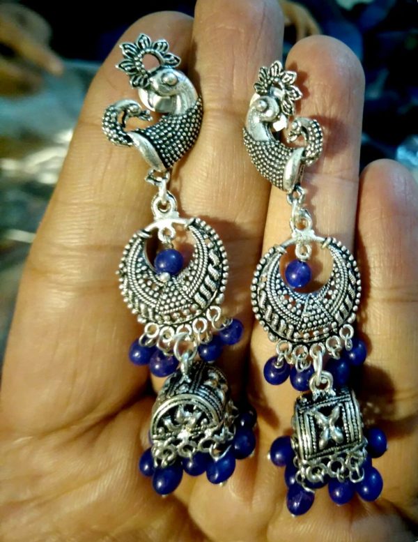 Indian Blue Beads Earrings German Silver Plated Oxidized Bollywood Traditional