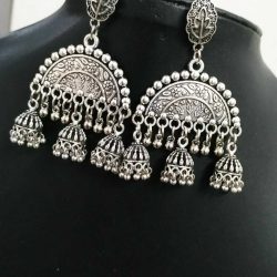 India Traditional Silver Oxidized Bollywood Fashion Jewelry Drop Earrings jhumka