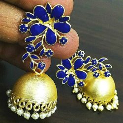 Blue Panted Bollywood Gold Plated Oxidized Jhumki Earrings White Pearl Beads