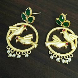 Green Stone White Pearl Golden Plated Oxidized Jhumki Earrings Drop / Dongle