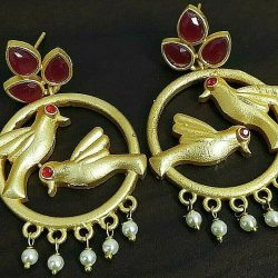 Gift Red Stone Gold Plated Oxidized Jhumki Earrings Drop / Dongle White Pearl