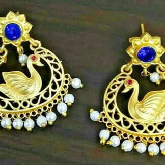 Blue Zircon Swan Bollywood Oxidized Jhumki Earrings White Pearls wedding gift