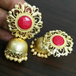 Stone With White Pearl Bollywood Gold Plated Oxidised Jhumki Earrings