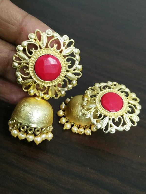 Stone With White Pearl Bollywood Gold Plated Oxidised Jhumki Earrings