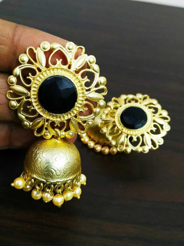Black Cubic Zircon Gold Plated Oxidised Jhumki Earrings Drop / Dongle Best Gift