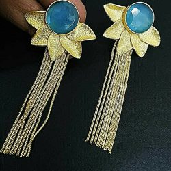 Gold Plated Blue Zirconia Flower Long Oxidized Jhumki Earrings Drop / Dongle