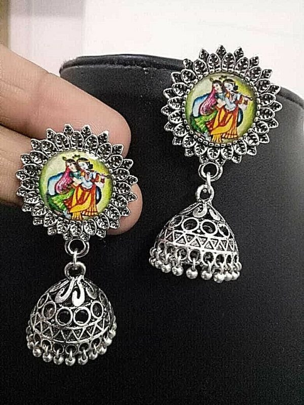 God Traditional Bollywood Silver Plated Oxidized Jhumki Earrings Drop / Dongle
