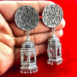 Indian Hindu Mantra Radhe Krishna Silver Oxidized Mughal beautiful Earrings