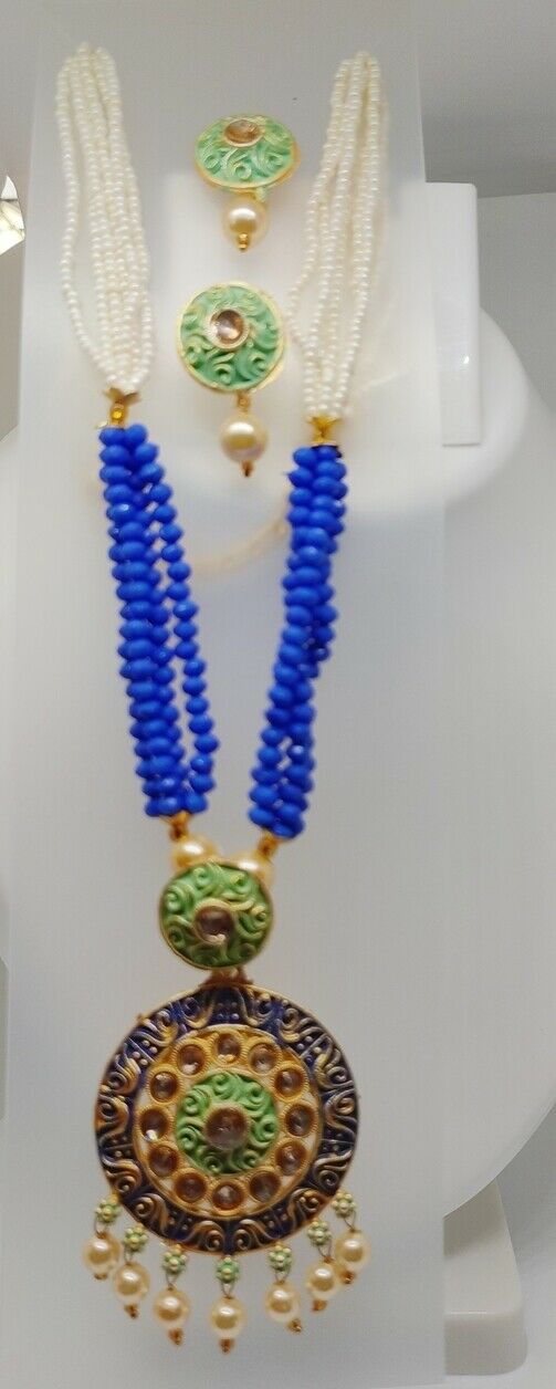 Green Indian Long Necklace Set Gold Plated Bridal Pearl Mala Set Blue -D17
