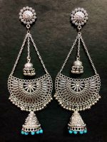 Silver Plated Sky Blue Beads Ethnic Long Earrings Indian Style Handmade Oxidized