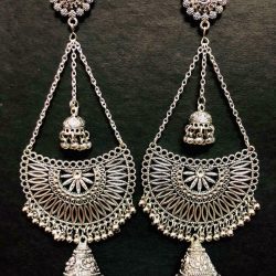 Silver Plated Sky Blue Beads Ethnic Long Earrings Indian Style Handmade Oxidized