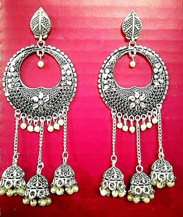 Bollywood Traditional Indian Jhumki Mugal Silver Plated EarringOxidized Kashmiri